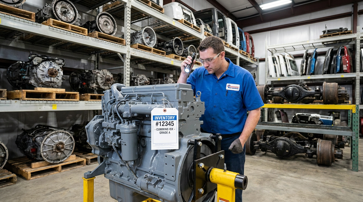 Used Semi Truck Parts For Sale 3 used semi truck parts for sale — parts specialist in blue uniform inspecting a Cummins ISX Grade A diesel engine on a yellow engine stand with shelves of transmissions differentials and cab components in background