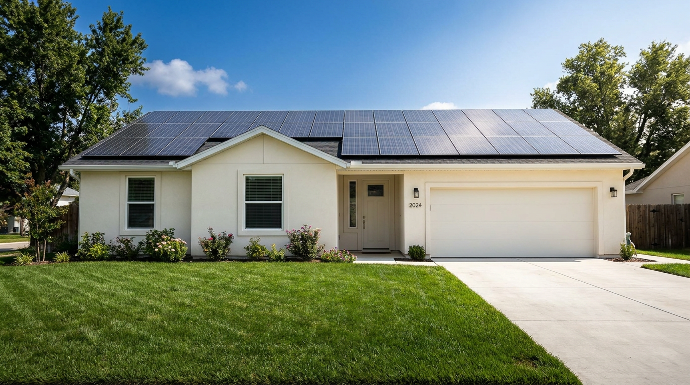 How Solar Panels Work for Homes 2 how solar panels work for homes — modern suburban house with solar panels installed on the roof on a bright sunny day with green lawn and blue sky