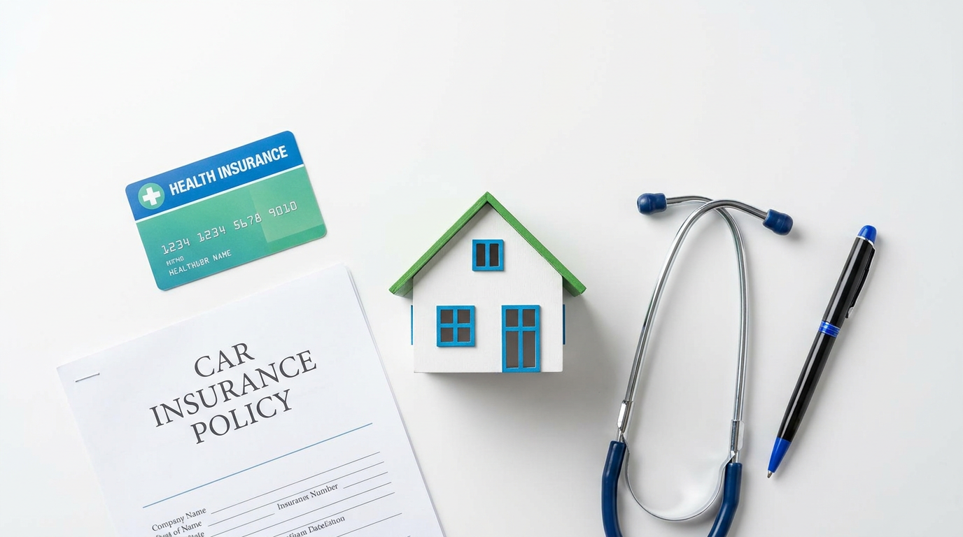 Basic Guide to Personal Insurance Coverage 4 basic guide to personal insurance coverage — flat lay of health insurance card car insurance policy house model stethoscope and pen representing different types of personal coverage