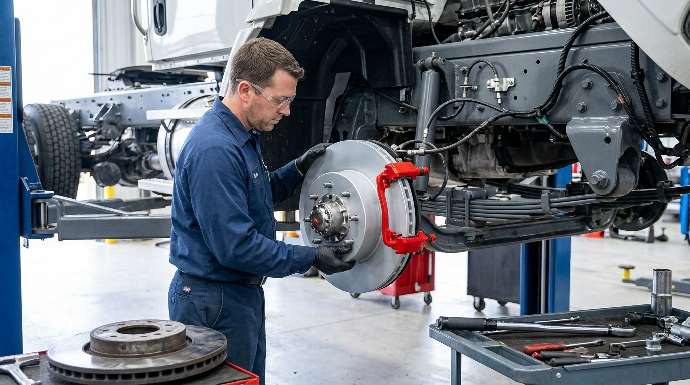 Truck Brake And Suspension Parts 4 truck brake and suspension parts — mechanic in blue uniform with safety glasses installing a new silver disc brake rotor with red caliper on a heavy duty commercial truck raised on a shop lift with old worn rotor on floor