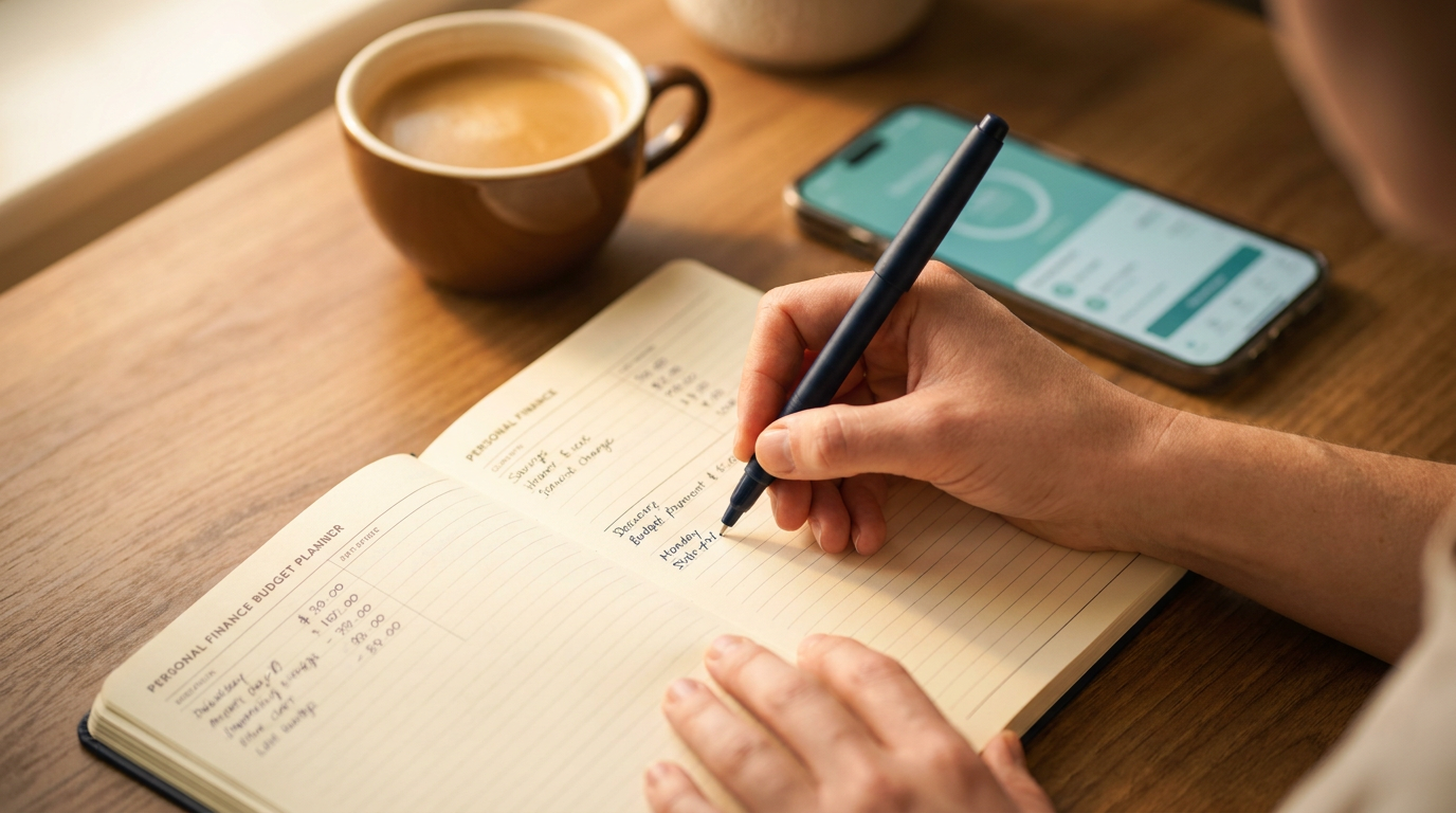 How Personal Finance Works for Beginners 5 how personal finance works for beginners — close-up of hands writing in a personal finance budget planner notebook with a cup of coffee and smartphone showing a savings app on a warm wooden desk