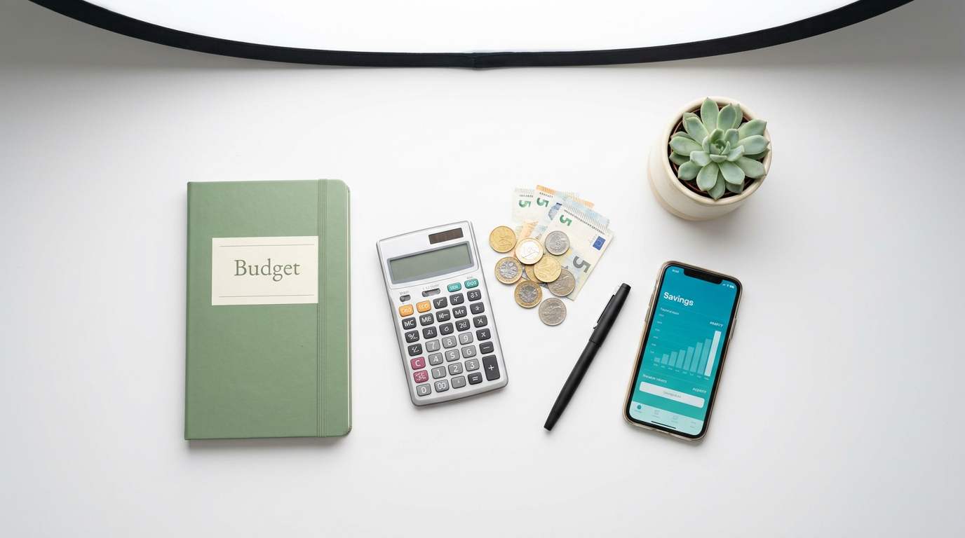 How Personal Finance Works for Beginners 4 how personal finance works for beginners — overhead flat lay of a green budget notebook calculator coins banknotes pen smartphone showing savings chart and succulent plant on white background