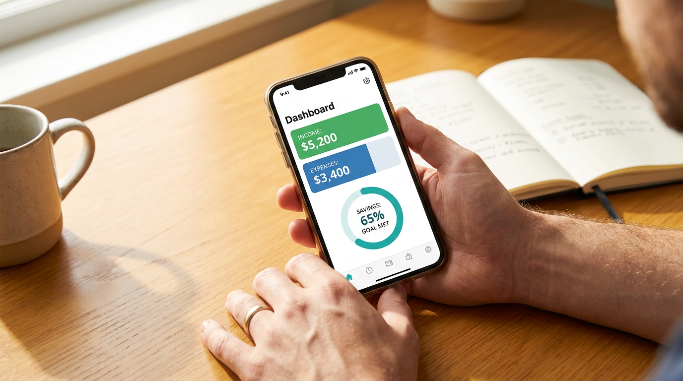 simple guide to managing your finances — close-up of hands holding a smartphone showing a personal finance dashboard with income at 5200 dollars in green, expenses at 3400 dollars in blue, and a savings progress ring at 65 percent, with a blurred notebook and coffee cup on a wooden desk in the background