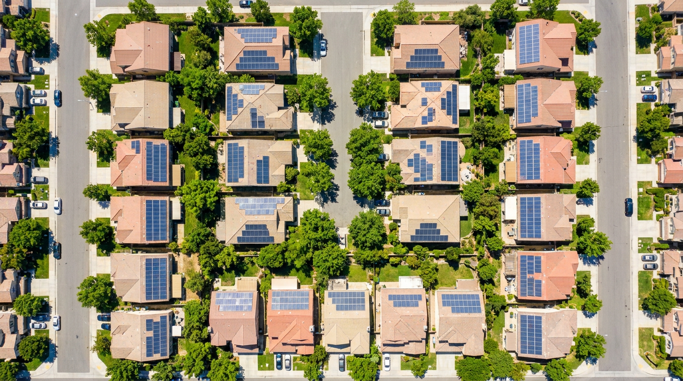 Benefits of Installing Solar Panels 4 benefits of installing solar panels — aerial drone view of a residential neighborhood showing solar panels installed on multiple home rooftops surrounded by green trees on a sunny day