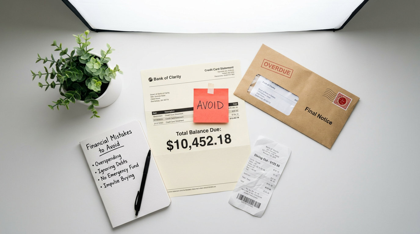 Common Financial Mistakes and How to Avoid Them 3 common financial mistakes and how to avoid them — overhead flat lay showing a credit card statement with a red AVOID sticky note, an overdue bill envelope marked Final Notice, a crumpled dining receipt, a notebook listing financial mistakes to avoid, a pen, and a small green plant on a white desk