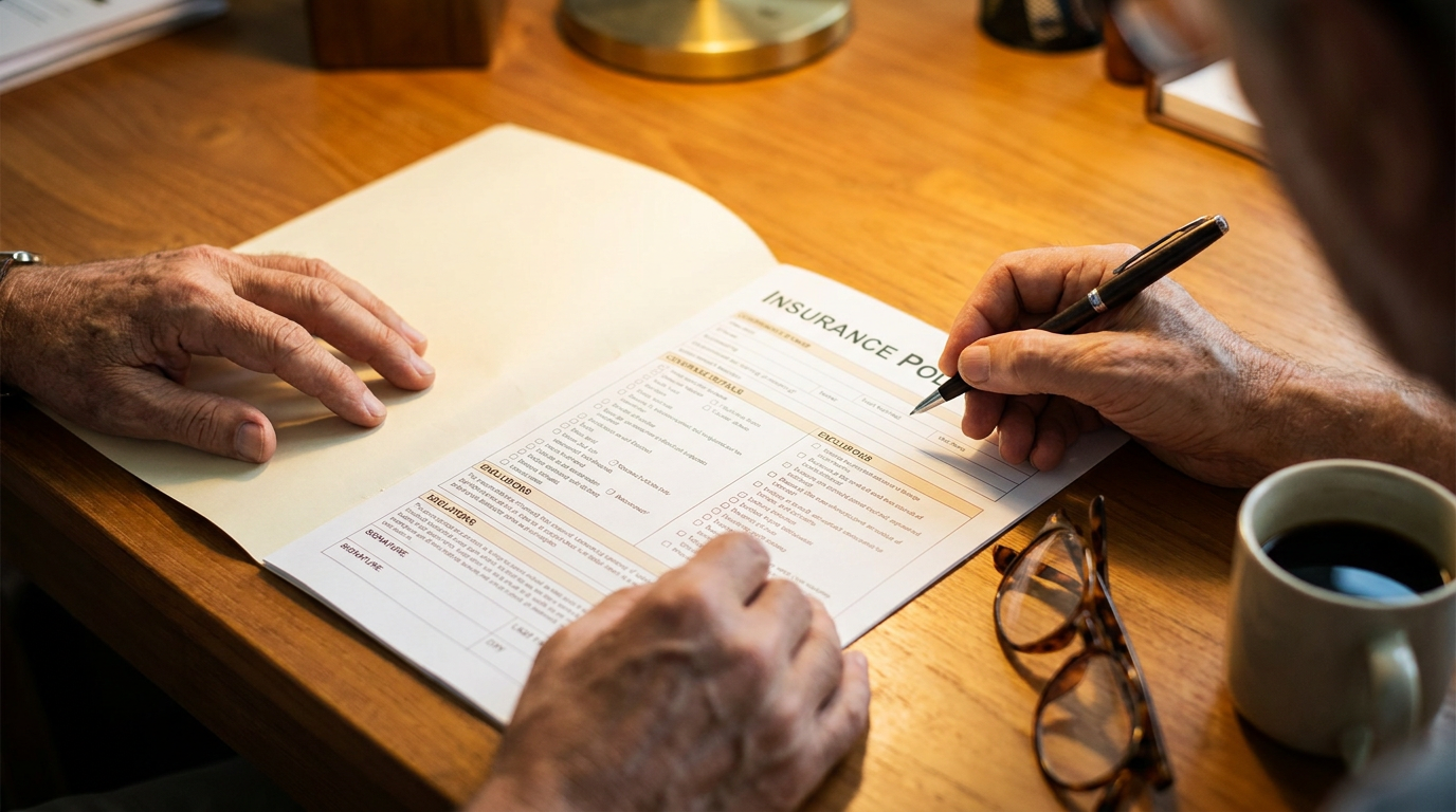 Common Insurance Terms You Should Understand 4 common insurance terms you should understand — close-up of hands reviewing an insurance policy document with pen glasses and coffee on wooden desk