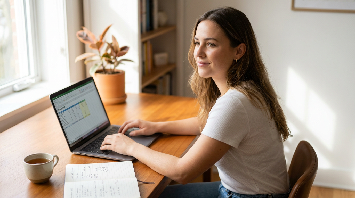 basic money management tips everyone should know — young woman smiling at a clean home desk with a laptop showing a budgeting spreadsheet, an open notebook with handwritten budget notes, and a cup of tea