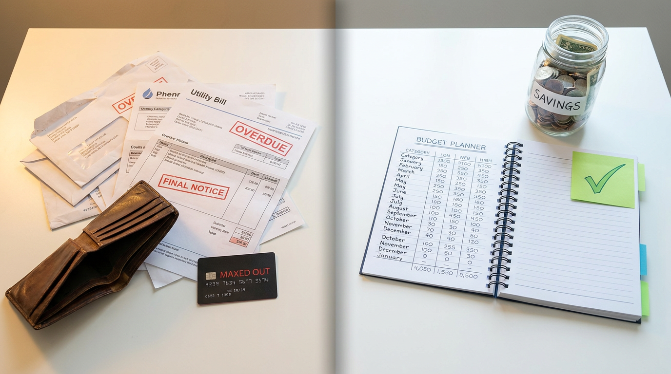 Common Financial Mistakes and How to Avoid Them 4 common financial mistakes and how to avoid them — split desk comparison showing left side with overdue bills, maxed out credit card, and empty wallet versus right side with a neat budget planner, savings jar with coins, and a green checkmark sticky note