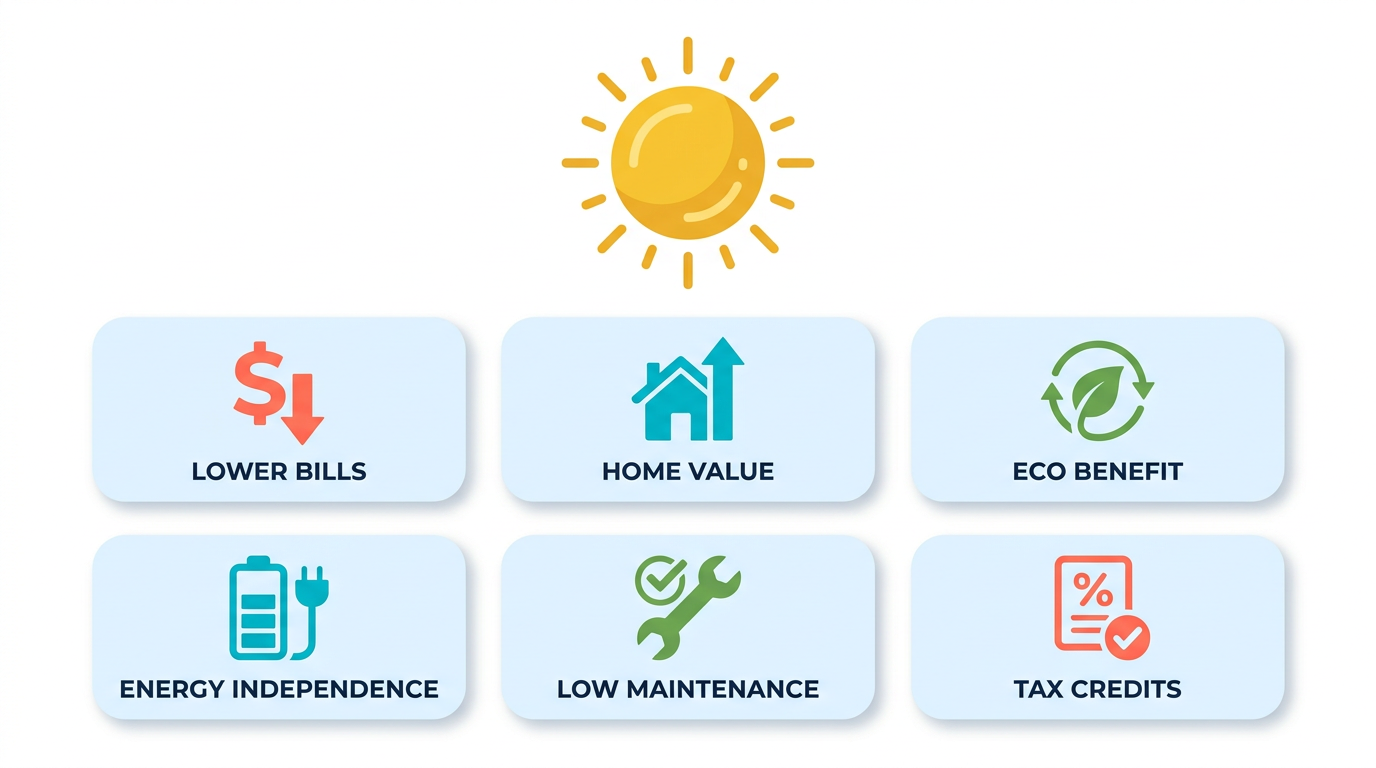 Benefits of Installing Solar Panels 3 benefits of installing solar panels — infographic showing six key benefits: lower electricity bills, increased home value, eco benefit, energy independence, low maintenance, and tax credits