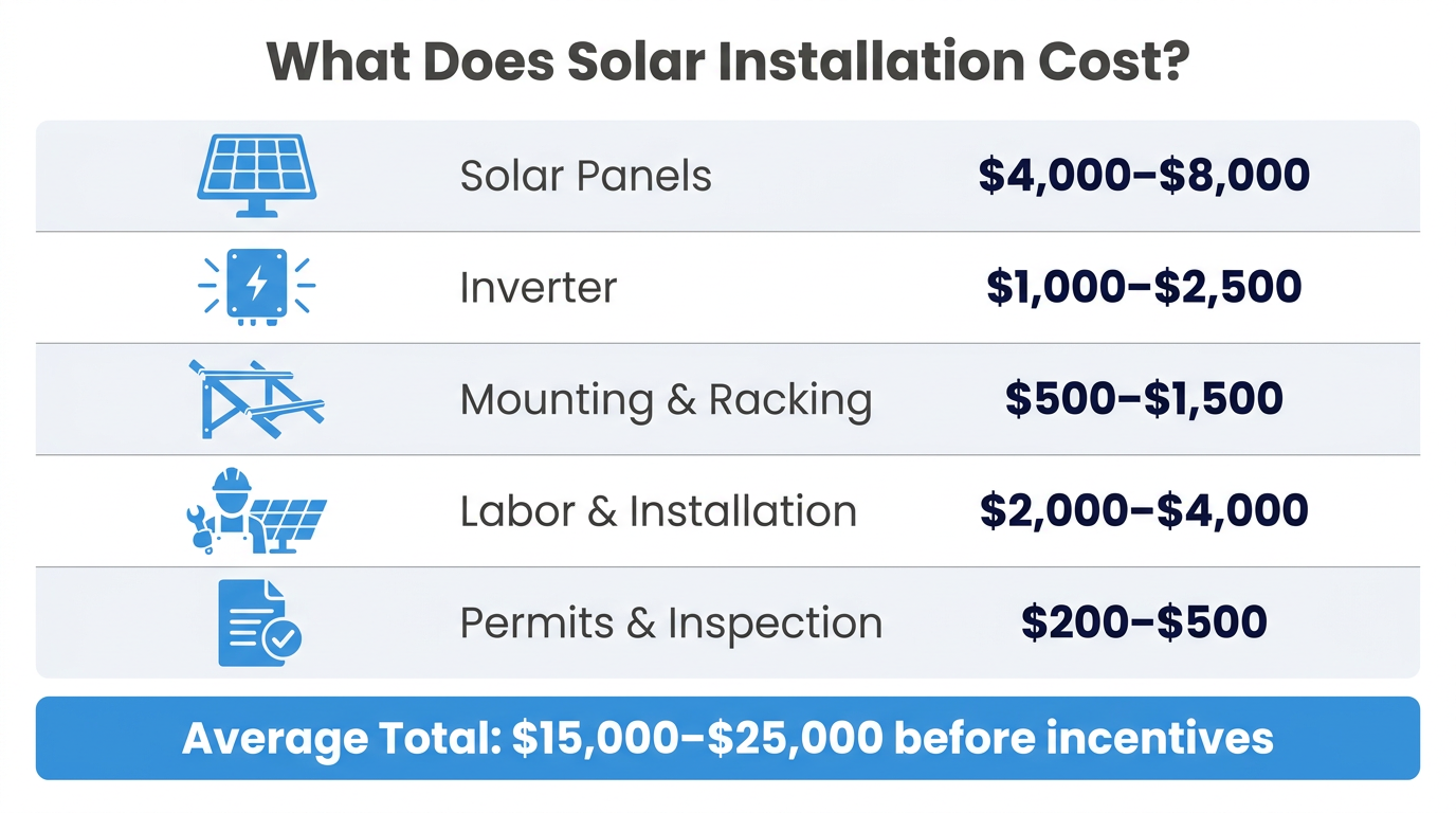 cost of solar panels breakdown infographic showing five components: solar panels $4,000-$8,000, inverter $1,000-$2,500, mounting and racking $500-$1,500, labor and installation $2,000-$4,000, permits and inspection $200-$500, with average total of $15,000-$25,000 before incentives