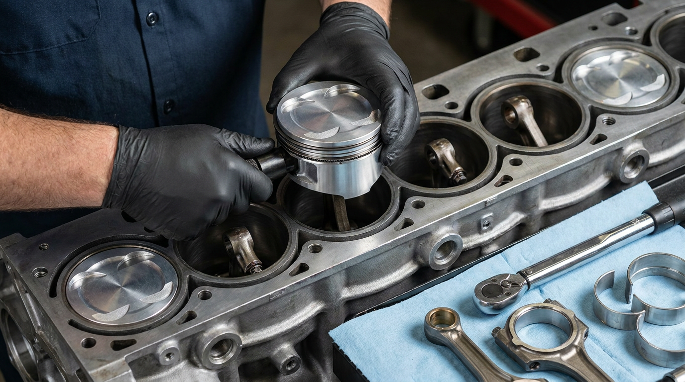 truck engine replacement parts — mechanic with black gloves installing a new piston into a diesel engine cylinder bore with connecting rods and bearings on a blue shop rag