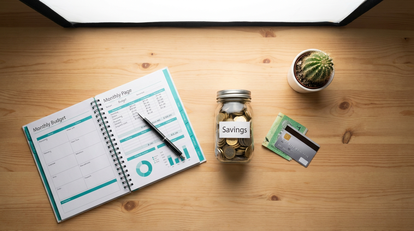 basic money management tips everyone should know — overhead flat lay of a monthly budget planner open to a budget page, a glass savings jar filled with coins, a credit card, banknotes, a pen, and a small cactus on a wooden desk