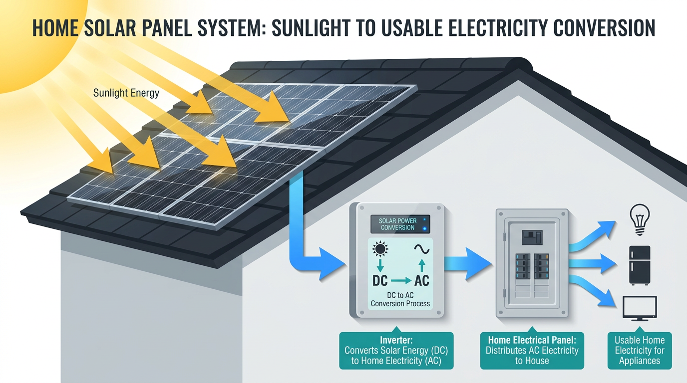 How Solar Panels Work for Homes 3 how solar panels work for homes — diagram showing sunlight hitting rooftop solar panels converting to DC electricity through an inverter to AC power for home appliances
