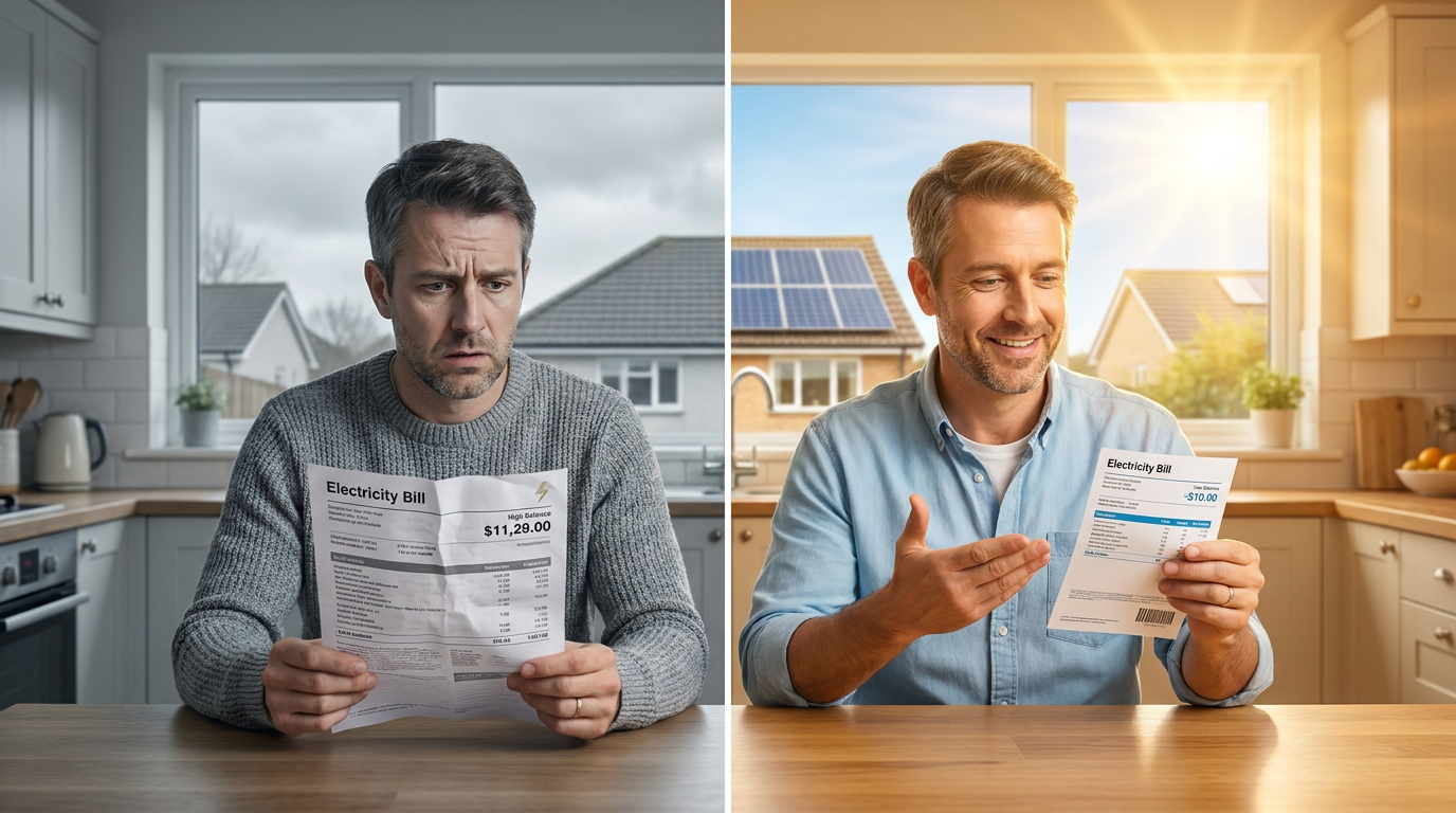 Benefits of Installing Solar Panels 2 benefits of installing solar panels — split screen showing homeowner worried about high electricity bill on left versus smiling homeowner with dramatically lower bill after installing solar panels on right