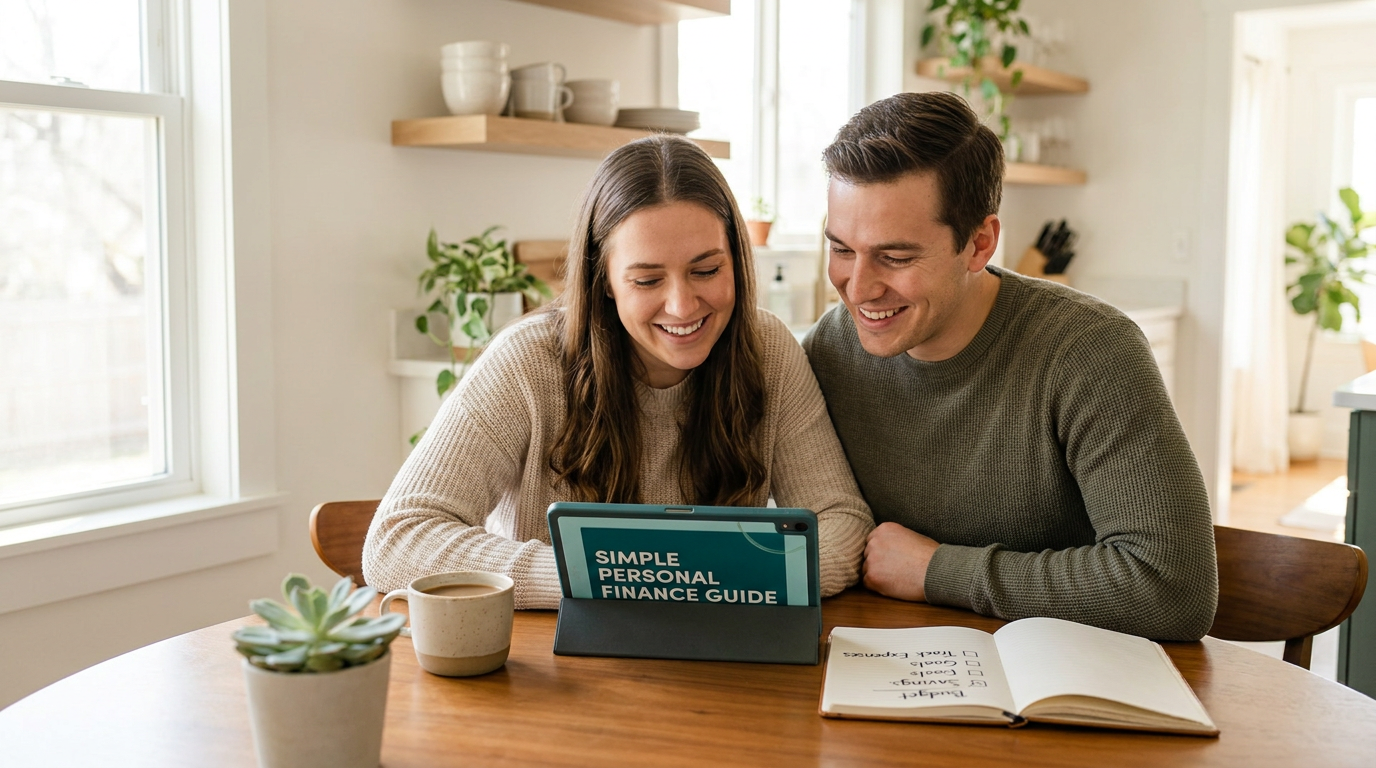 simple guide to managing your finances — young couple smiling together at a bright kitchen table reviewing a simple personal finance guide on a tablet, with an open notebook showing a financial checklist, a coffee cup, and a small plant nearby