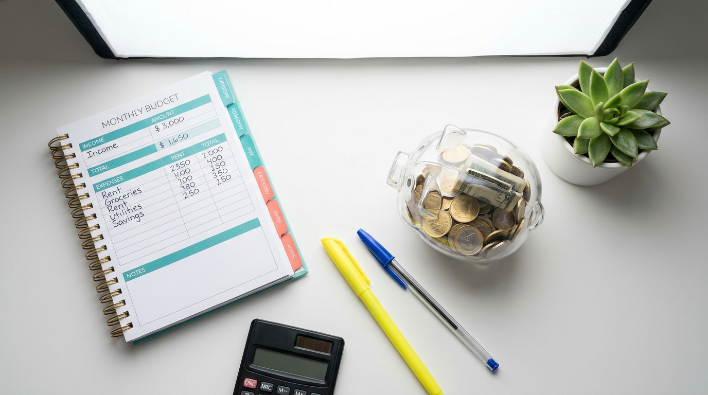 Understanding Budgeting and Saving Money 3 understanding budgeting and saving money — overhead flat lay of a monthly budget planner with teal and coral tabs, a glass piggy bank filled with coins and banknotes, a yellow highlighter, blue pen, calculator, and succulent on a white desk