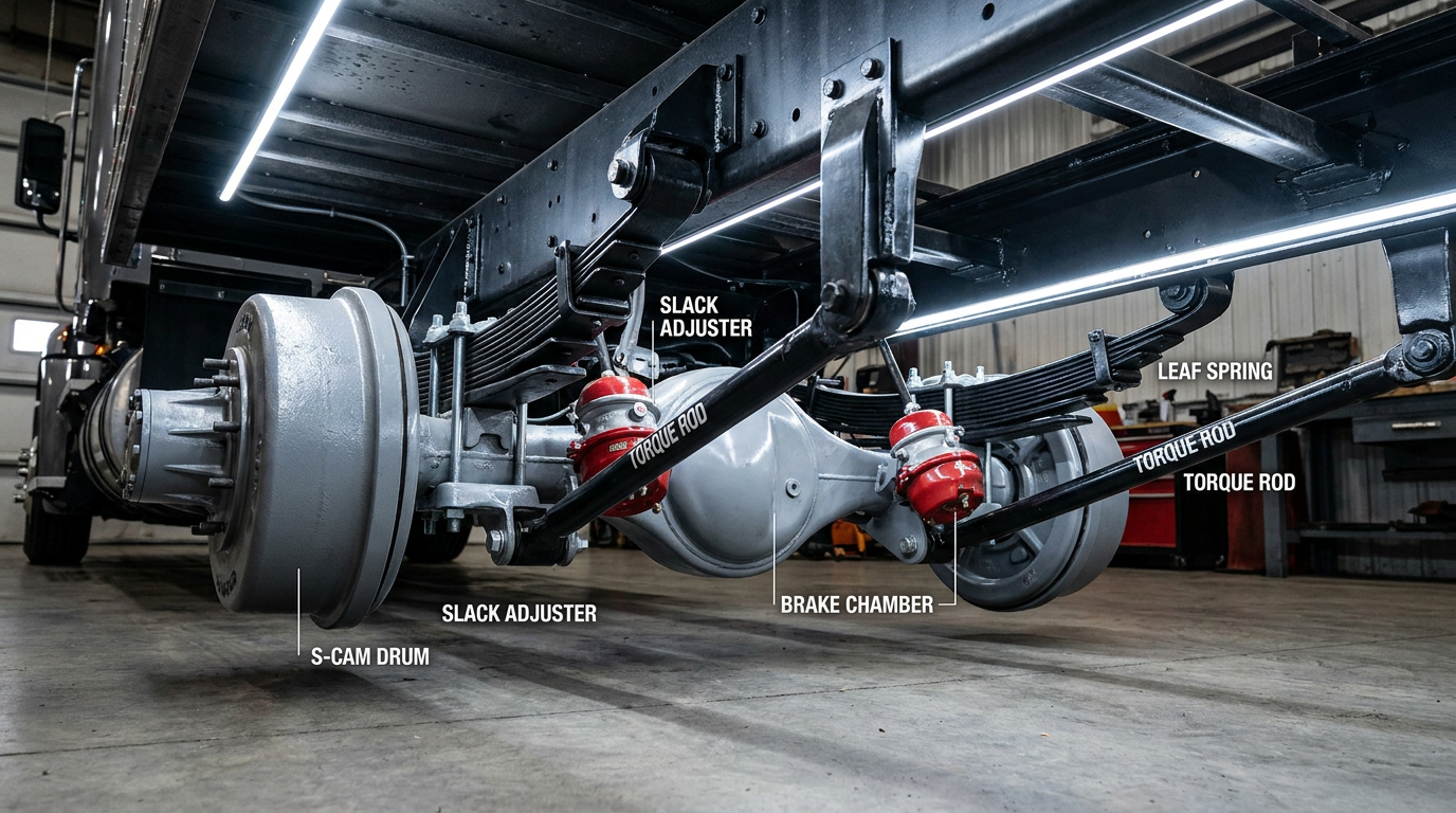 Truck Brake And Suspension Parts 2 truck brake and suspension parts — labeled undercarriage diagram of a heavy duty semi truck showing S-cam drum brake slack adjuster brake chamber red torque rods and leaf spring suspension pack on rear axle