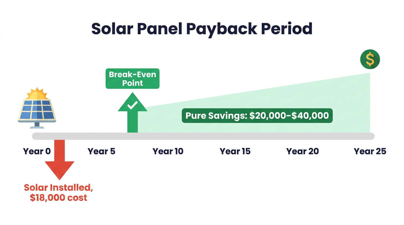 solar panel payback period timeline infographic showing year 0 installation cost of $18,000, break-even point at year 7, and pure savings of $20,000-$40,000 from year 7 through year 25