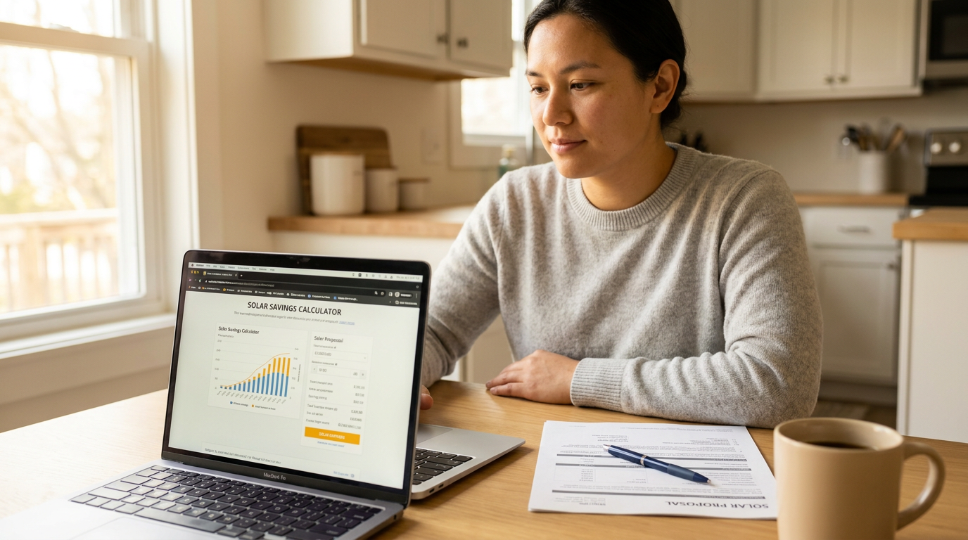 cost of solar panels and what to expect — a homeowner sitting at a kitchen table reviewing a solar savings calculator on a laptop with a printed solar proposal and coffee nearby