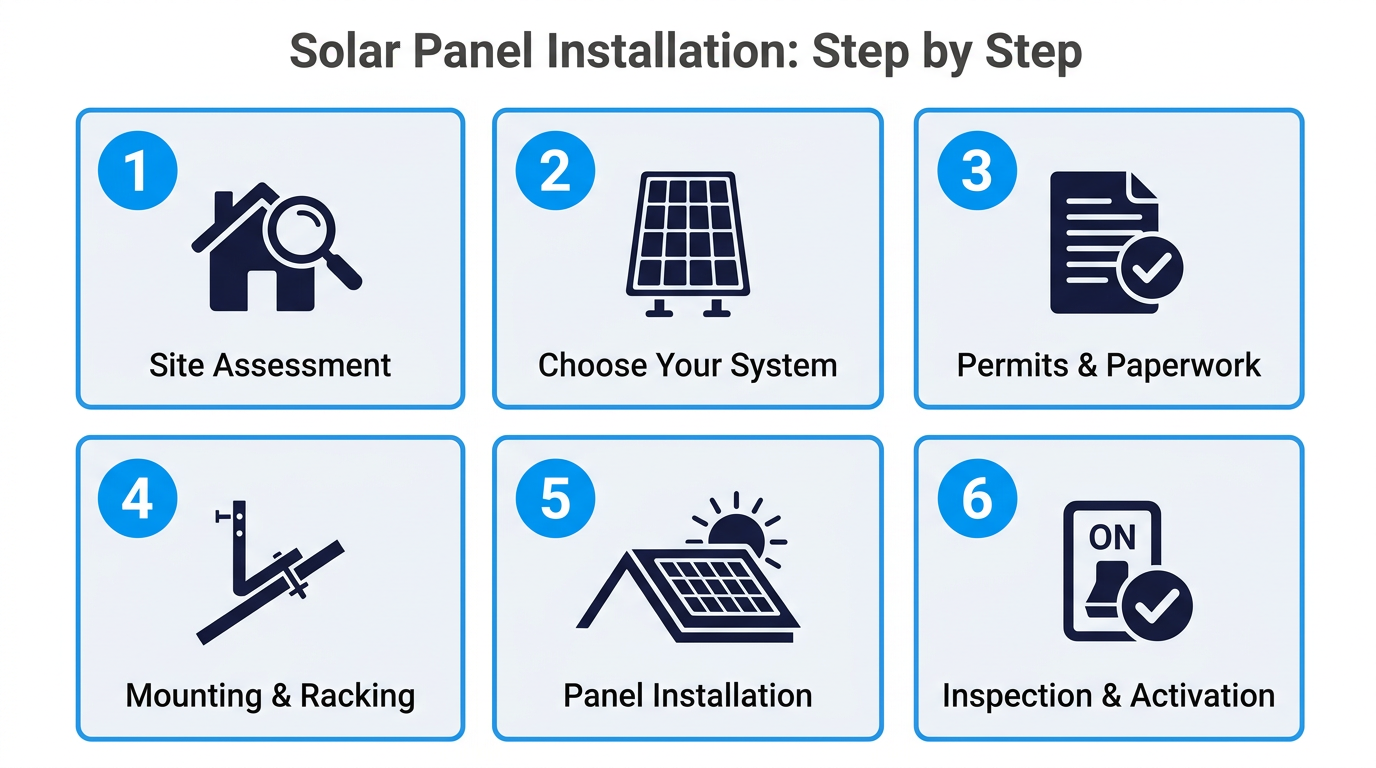 solar panel installation guide for beginners — step by step infographic showing 6 installation steps: site assessment, choose your system, permits and paperwork, mounting and racking, panel installation, and inspection and activation