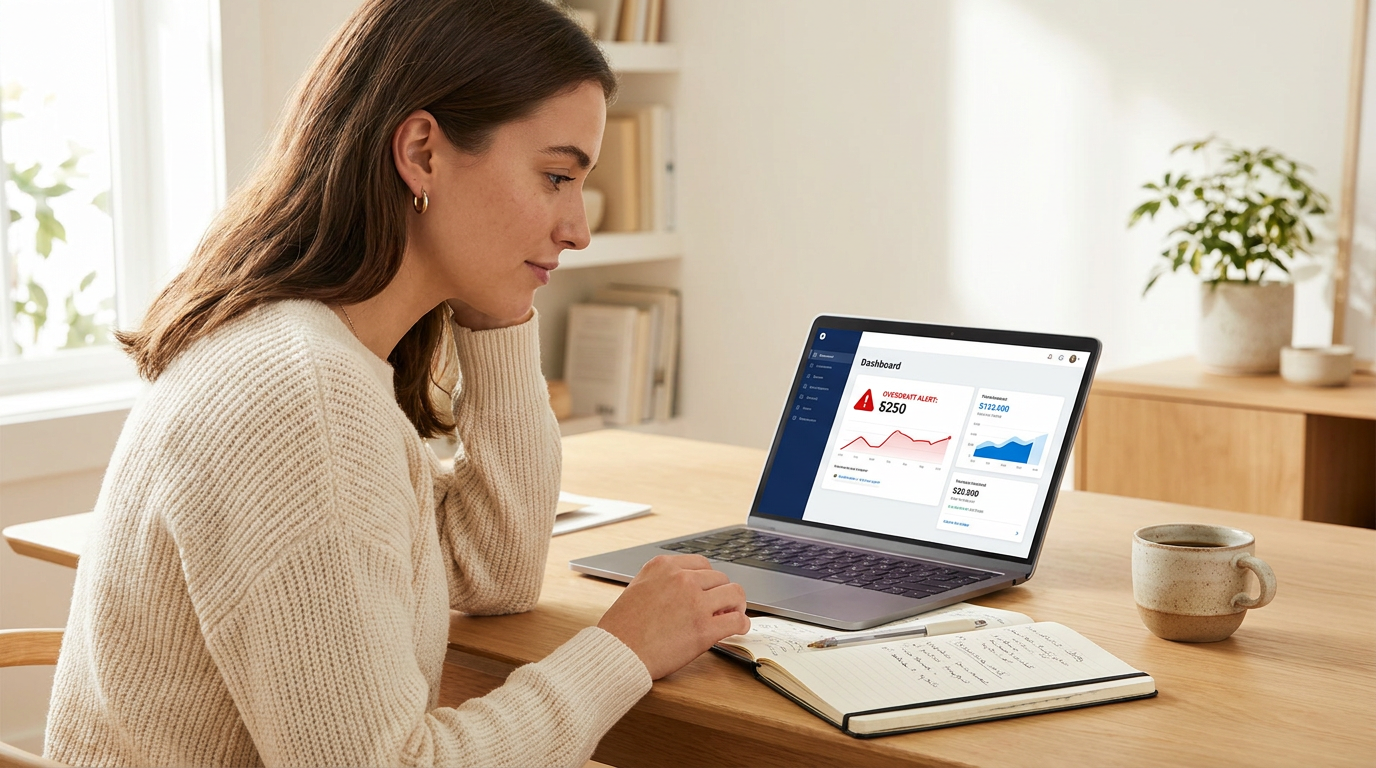 Common Financial Mistakes and How to Avoid Them 2 common financial mistakes and how to avoid them — young woman sitting at a modern desk looking thoughtfully at a laptop showing a financial dashboard with a red warning indicator, an open notebook with handwritten notes and a coffee cup nearby