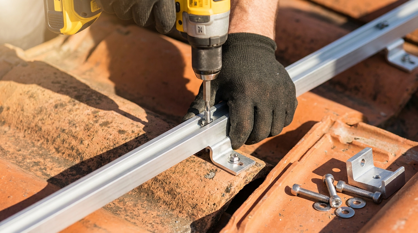 close-up of gloved hands using a yellow power drill to secure a silver aluminum mounting rail bracket onto terracotta roof tiles during a solar panel installation, with spare bolts and brackets visible nearby