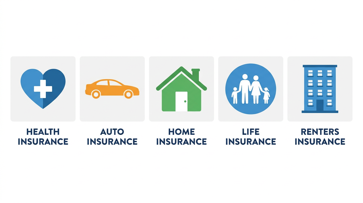 types of insurance explained simply — flat design icons showing health insurance auto insurance home insurance life insurance and renters insurance on white background