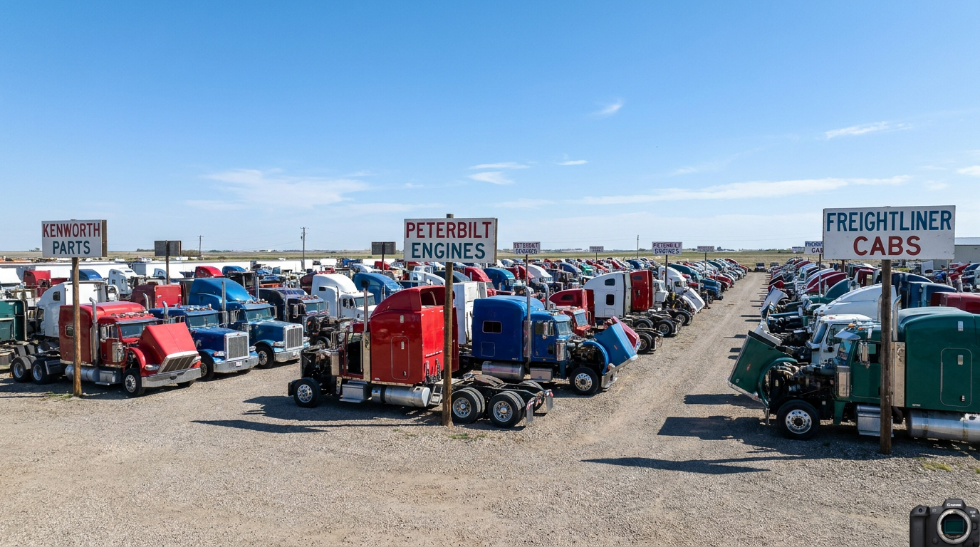Used Semi Truck Parts For Sale 2 used semi truck parts for sale — organized semi truck salvage yard with labeled sections for Kenworth Parts Peterbilt Engines and Freightliner Cabs with rows of disassembled trucks on gravel under blue sky