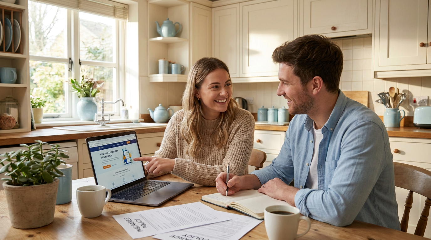 Basic Guide to Personal Insurance Coverage 2 basic guide to personal insurance coverage — young smiling couple sitting at a bright kitchen table reviewing insurance documents on a laptop with natural window light