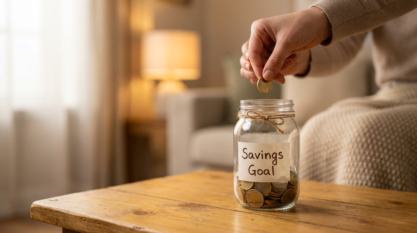 Understanding Budgeting and Saving Money 4 understanding budgeting and saving money — close-up of hands placing a coin into a clear glass jar labeled Savings Goal on a wooden table, with a warm blurred living room in the background