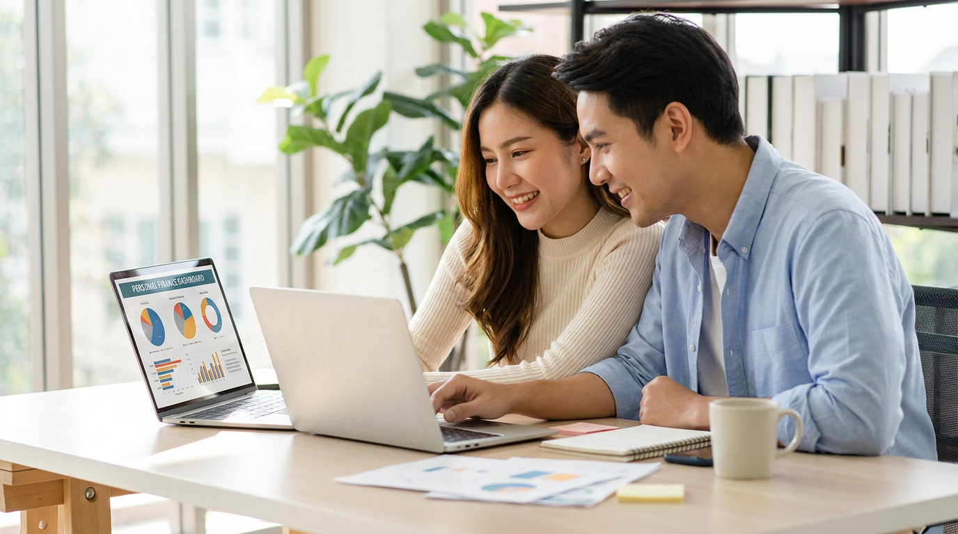How Personal Finance Works for Beginners 2 how personal finance works for beginners — young couple smiling while reviewing a personal finance dashboard on a laptop at a bright modern desk with documents and coffee
