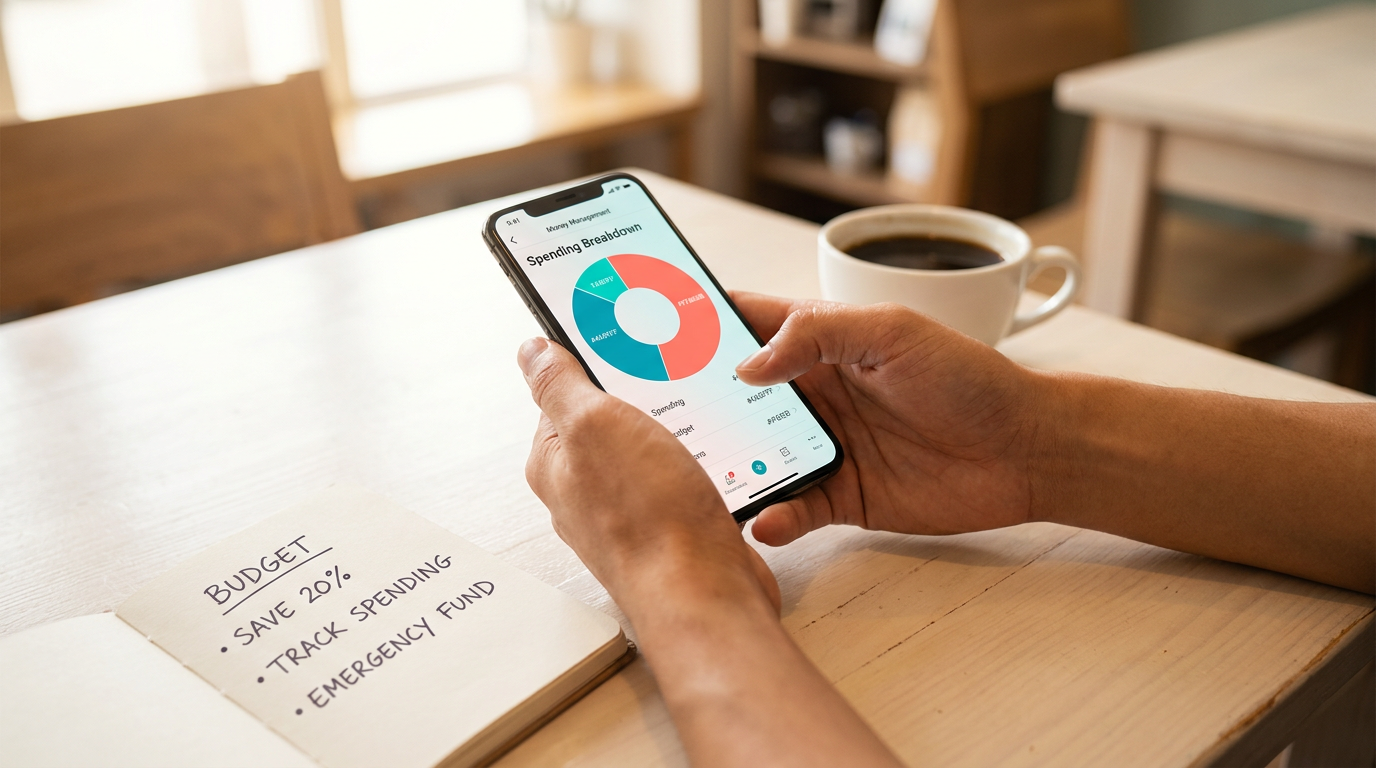 basic money management tips everyone should know — close-up of hands holding a smartphone showing a spending breakdown chart on a money management app, with an open notebook showing budget notes and a coffee cup on a cafe table