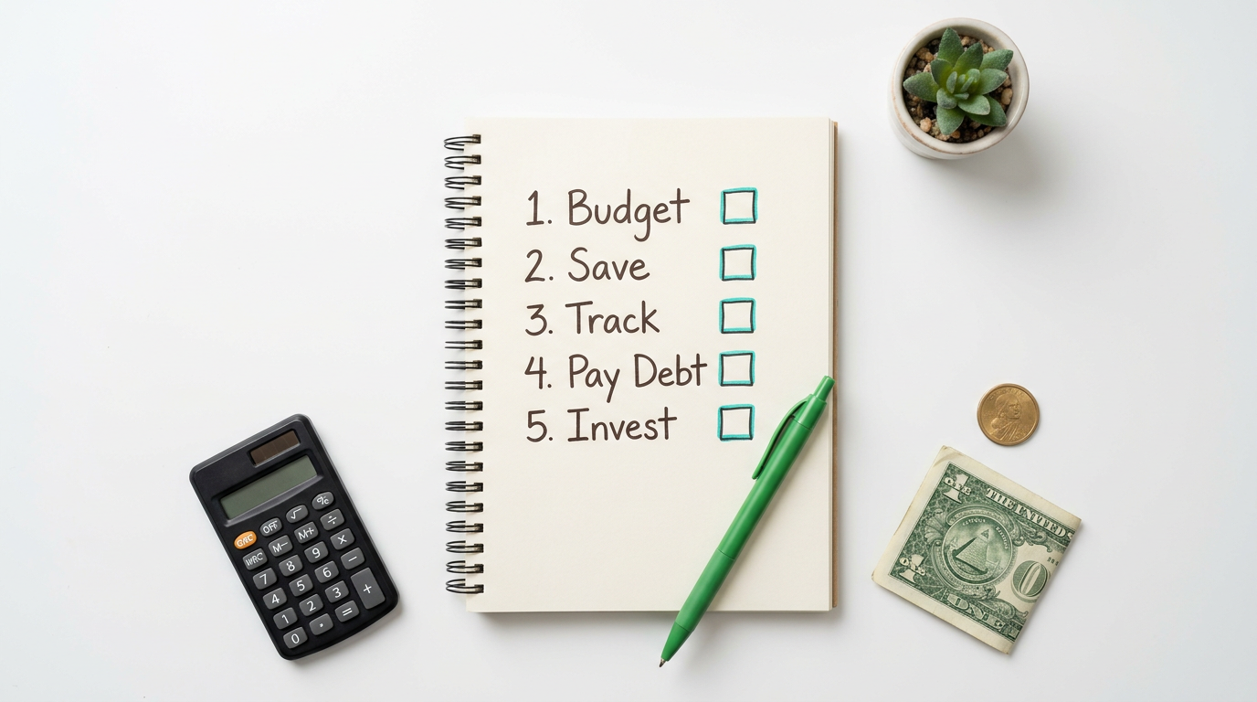 simple guide to managing your finances — overhead flat lay of a spiral notebook open to a 5-step finance checklist reading Budget, Save, Track, Pay Debt, Invest with teal checkboxes, a green pen, black calculator, folded banknote, gold coin, and small succulent on a white desk