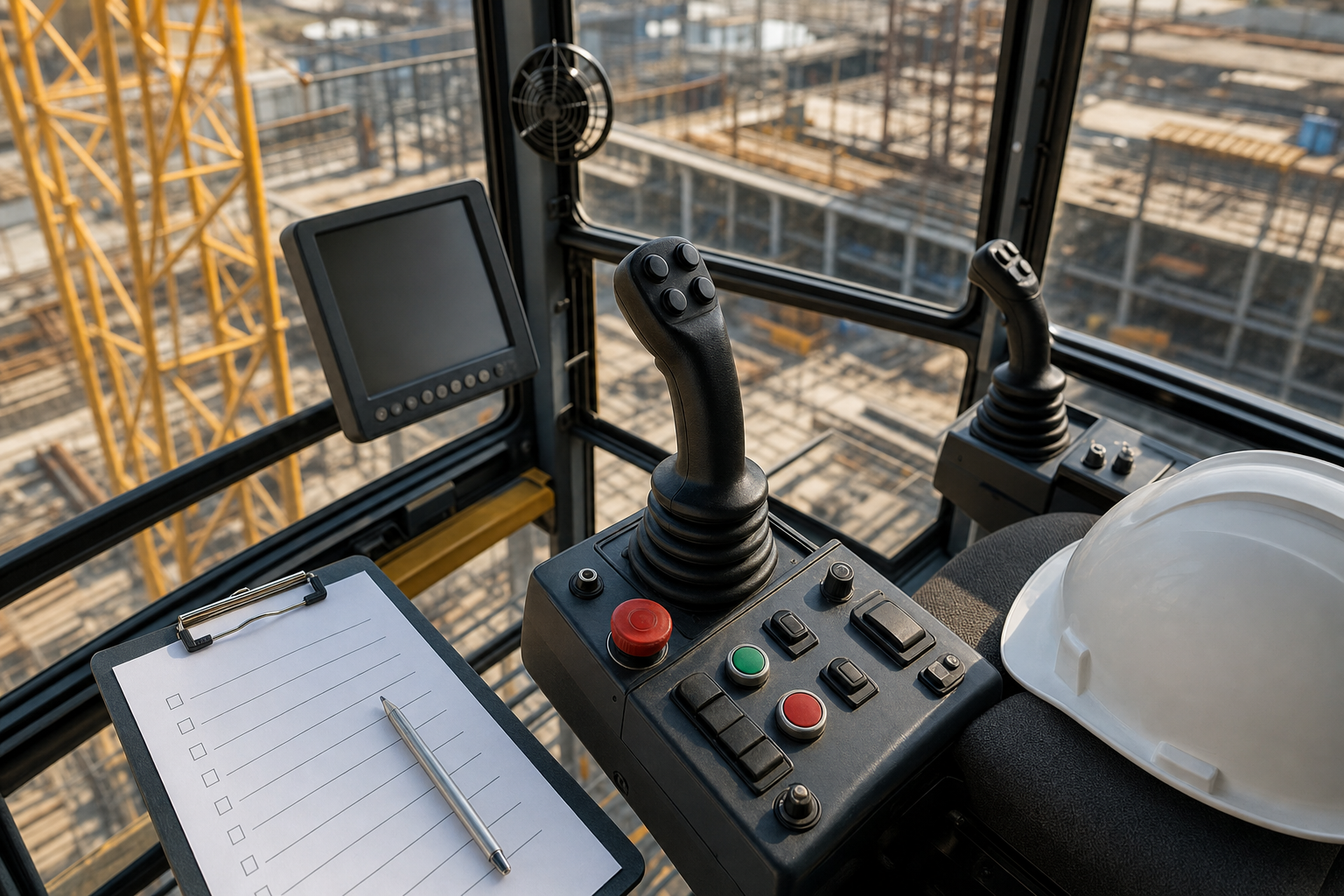 Crane operator cabin controls and safety equipment